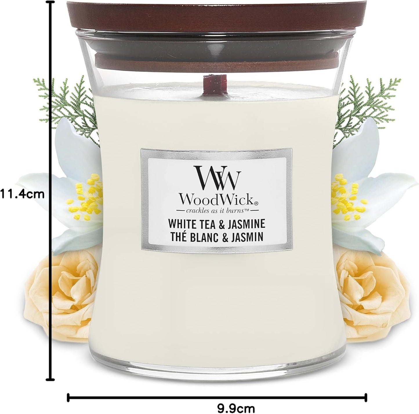 WoodWick Medium Hourglass Scented Candle | White Tea & Jasmine | with Crackling Wick | Burn Time: Up to 60 Hours | Gifts for Women
