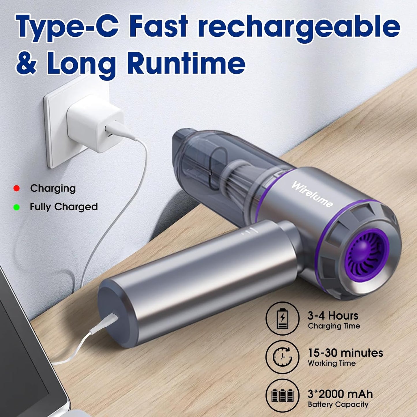 Handheld Car Vacuum Cleaner Cordless Powerful 22000Pa Strong Cyclonic Suction Blowing Brushless Motor Portable Rechargable Lightweight for Pet Hair Vehicle Home Office Purple