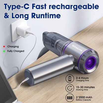 Handheld Car Vacuum Cleaner Cordless Powerful 22000Pa Strong Cyclonic Suction Blowing Brushless Motor Portable Rechargable Lightweight for Pet Hair Vehicle Home Office Purple