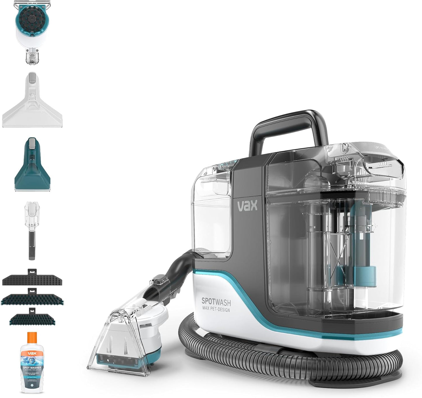 Vax SpotWash Home and Pet Spot Cleaner, Upholstery, Sofa, Stairs, Home, Car, Rug, Stain Cleaning Small Handheld Shampooer Machine, Additional Solution, SpinScrub and Tools, 4.5kg, Grey/Cyan, CDSW-MPDP
