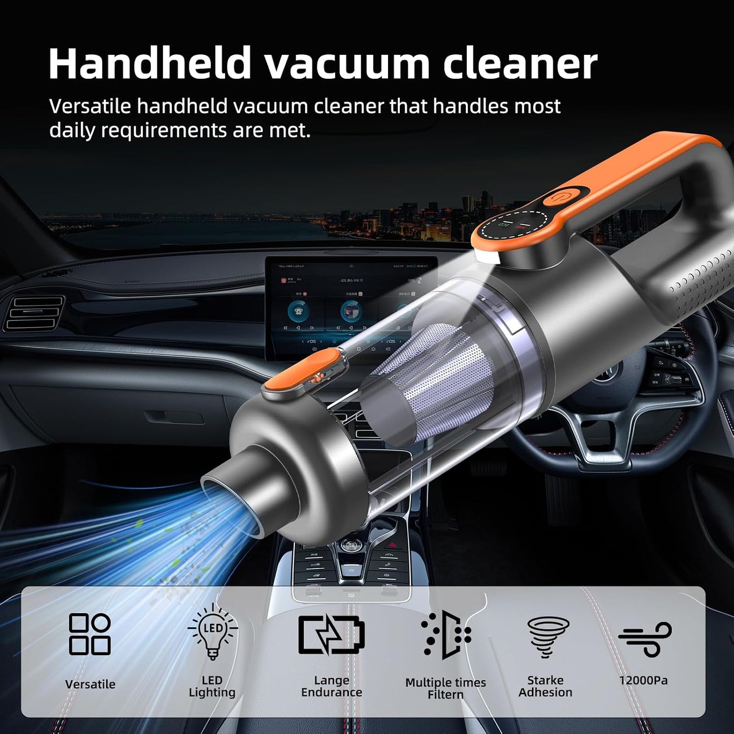 Handheld Vacuum Cleaner, 35000Pa 4-in-1 Car Vacuum Cleaner Cordless Powerful, One-touch Dust Emptying, Brushless Motor, HD Display, LED Light, Hand Held Vacuum Cordless for Home/Office/Car, Orange