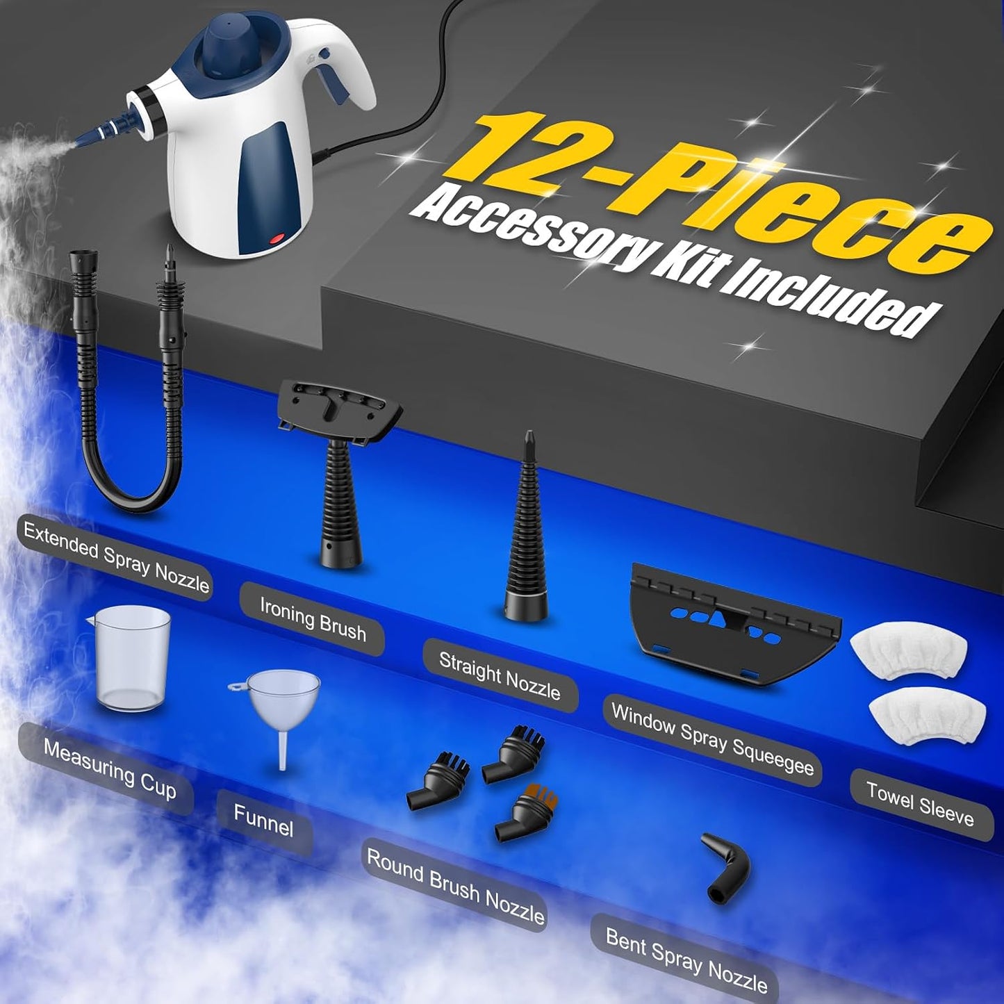 ASSCA Handheld Steam Cleaner, 1050W Portable Pressurised Steam Cleaner with 12-Piece Accessories, Chemical-Free Multi-Purpose Cleaning for Car Interior Detailing, Sofa Upholstery, Kitchen & Bathroom