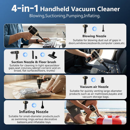 4-in-1 Handheld Vacuum Cleaner 22000Pa,6000mAh Cordless Car Vacuum cleaner with 130,000 RPM Brushless Motor,Upgraded Dust Cup & LED Display,Blow/Inflate/Deflate Function for Home Car Cleaning