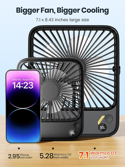 Warmco D3 Portable Rechargeable Desk Fan 10000mAh, Quiet, 24H Runtime | Ultra-Slim 4-Speed Fan, LED Display & Foldable Stand For Bedroom, Office, Camping, Cruise & Travel