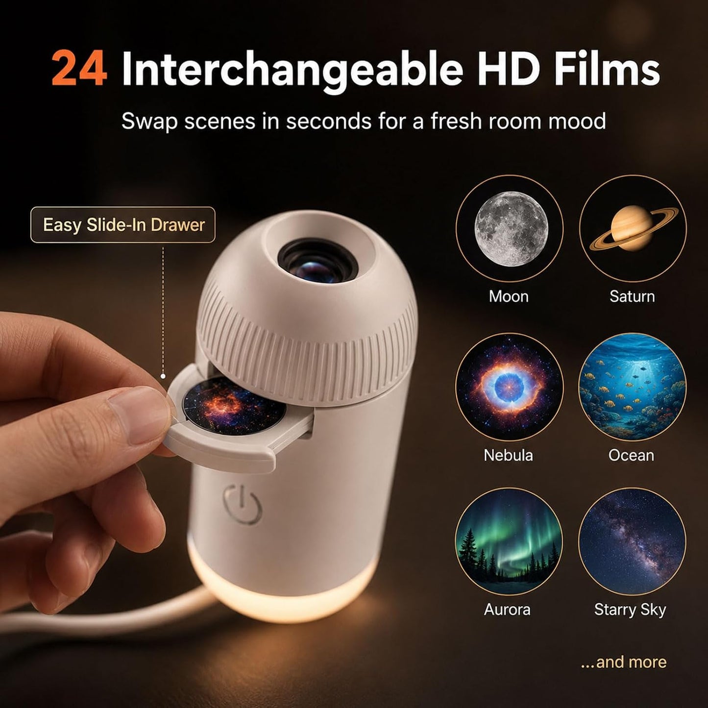 HD Smart Dynamic 5D Holographic Night Light Projector, Plug and Play 2-in-1 Galaxy Star and Ocean Projector with 24 Films, 360 Rotating USB Powered Ceiling Light for Bedroom Decor (24 Films)