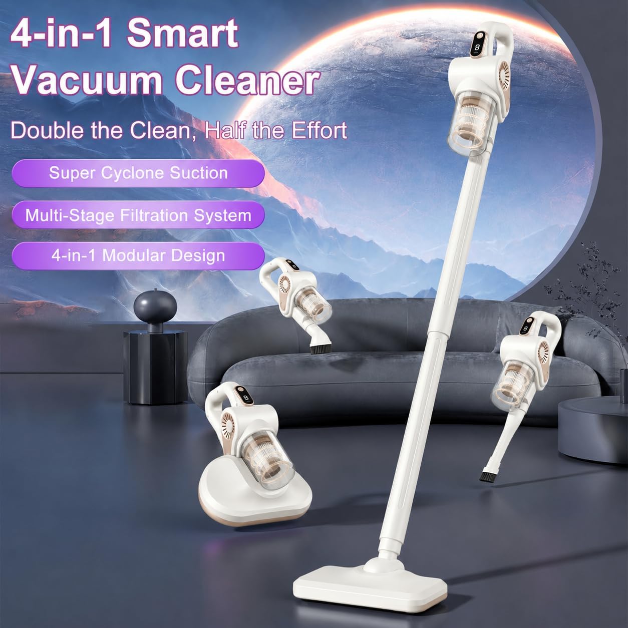Cordless Vacuum Cleaner 15000pa, 4-in-1 Upright Handheld Stick Vacuum & Mattress Vacuum Cleaner with UV Light, Portable Lightweight Hoover Vacuum, Rechargeable Hoover Cordless for Home Car