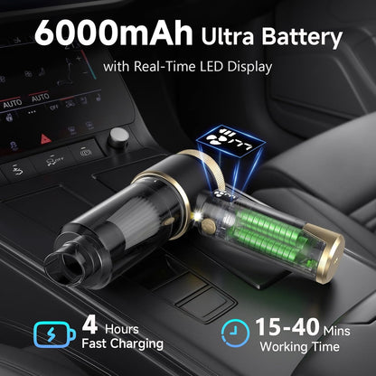 4-in-1 Handheld Vacuum Cleaner 22000Pa,6000mAh Cordless Car Vacuum cleaner with 130,000 RPM Brushless Motor,Upgraded Dust Cup & LED Display,Blow/Inflate/Deflate Function for Home Car Cleaning