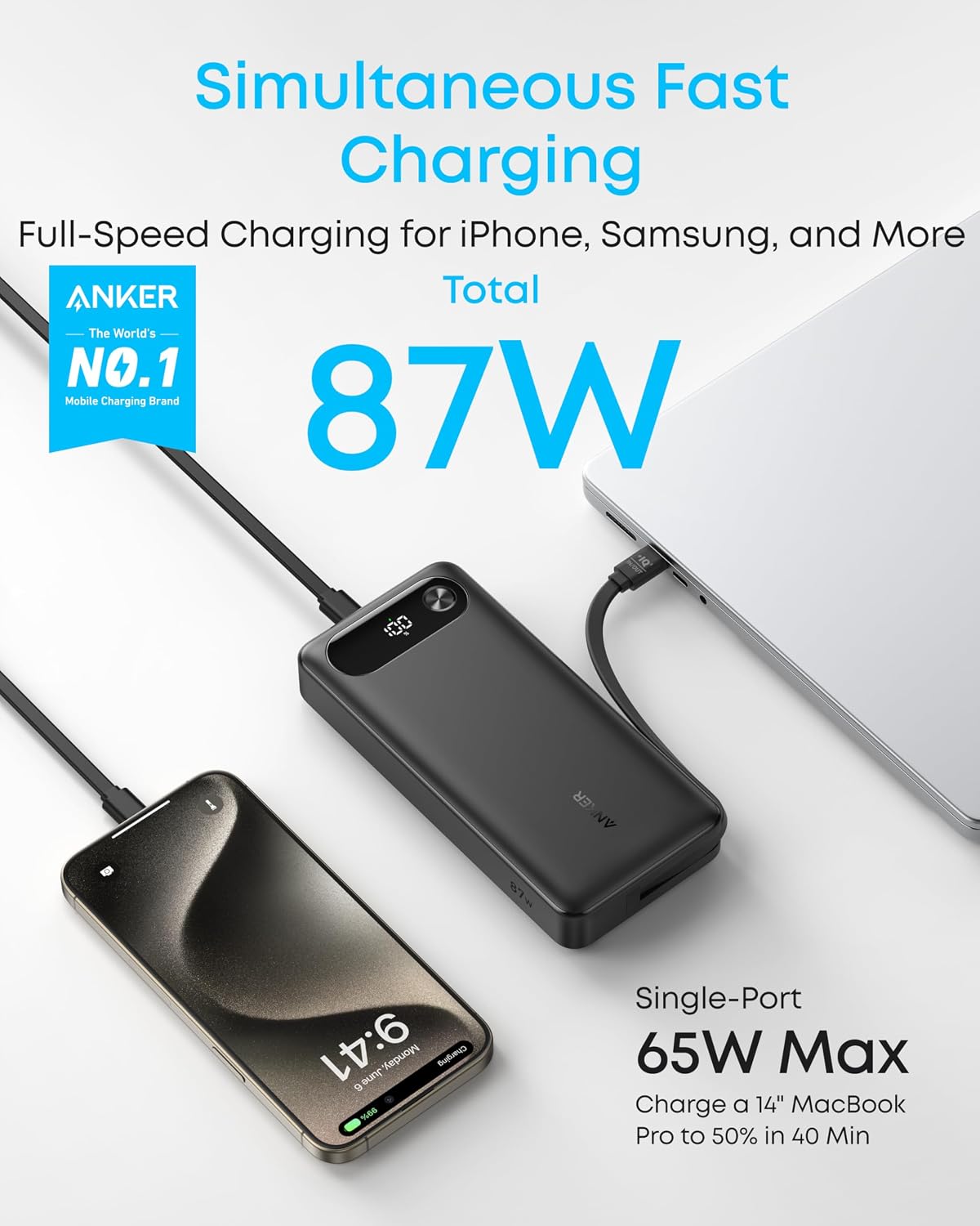 Anker 20,000mAh Power Bank with Built-In USB-C Cable – 87W