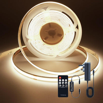 TTWAY COB LED Strip Lights 2700K, Dimmable LED Strip Kit, Super Bright 24V LED Tape Lights CRI90+ with RF Remote and UKCA Power Supply for DIY Home Decoration, 5M, 2400LEDs, Warm White.