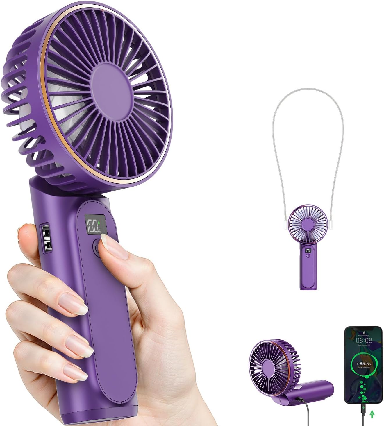 TUNISE Handheld Fan Rechargeable, Portable Fan with 4000mAh, Hand Fan with LED Display, 180° Adjustable, 6 Speed Travel Fan & Power Bank for Home Office Bedroom Outdoor