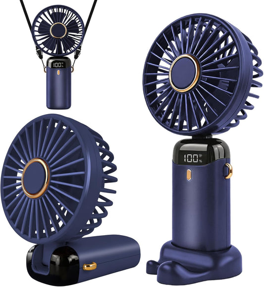 Jsdoin Hand Held Fan,Portable Handheld USB Rechargeable Fans with 5 Speeds,Battery Operated Mini Fan Foldable Desk Desktop Fans with LED Display for Home Office Bedroom Outdoor Travel (DarkBlue)