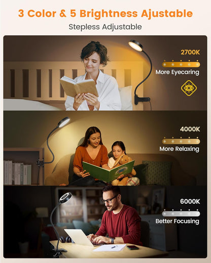 Glocusent Clip on Light, 72 LED Bedside Light with 3 Colors & 5 Brightness, Flexible with Amber Night Light, 30/60Min Timer, Eye Caring, for Bed/Reading/Studying/Working (Black with Adapter) | 5 levels, soft light for eyes, timer, flexible setting, stable