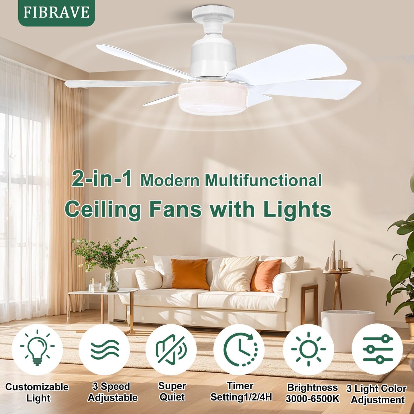 Ceiling Fan with Lights and Remote 2026 New Ceiling Fans LED 40W 3 Speeds Modern Fan Light Dimmable 3 Color Light Bulb Fan for Bedroom, Living Room, Closet, Garage, Kitchen(White)