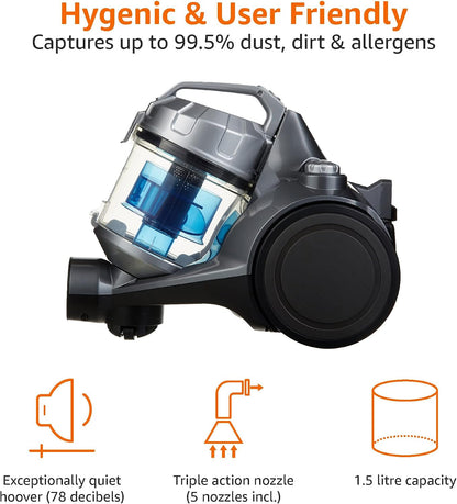 Amazon Basics Cylinder Bagless Vacuum Cleaner for Hardfloor, Carpet & Car, Compact & Lightweight, 700W, 1.5L, Black