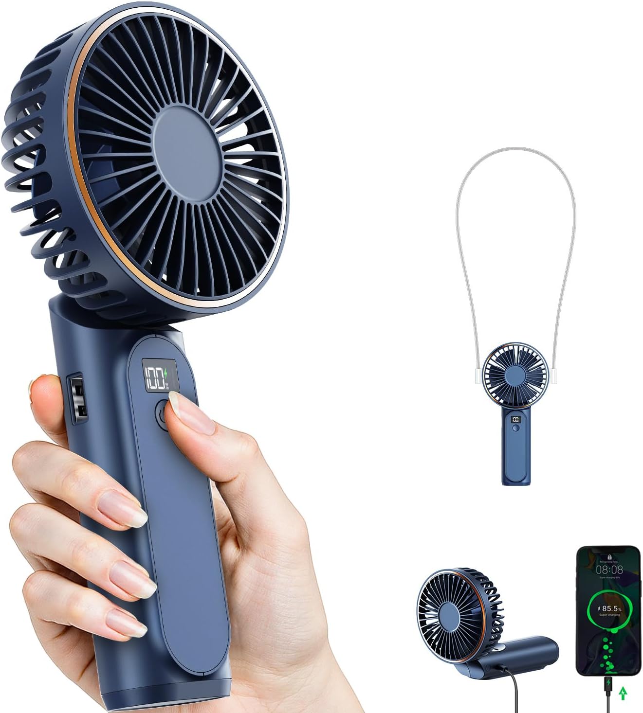 TUNISE Handheld Fan Rechargeable, Portable Fan with 4000mAh, Hand Fan with LED Display, 180° Adjustable, 6 Speed Travel Fan & Power Bank for Home Office Bedroom Outdoor