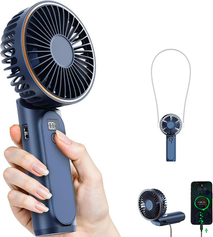 TUNISE Handheld Fan Rechargeable, Portable Fan with 4000mAh, Hand Fan with LED Display, 180° Adjustable, 6 Speed Travel Fan & Power Bank for Home Office Bedroom Outdoor