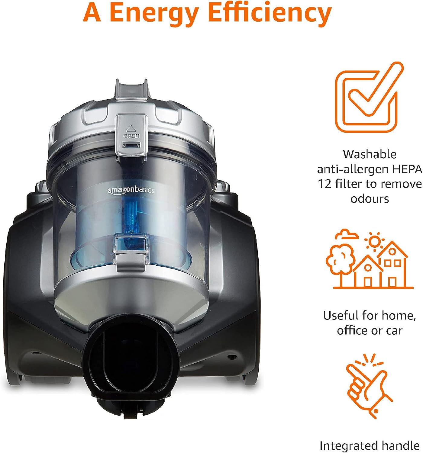 Amazon Basics Cylinder Bagless Vacuum Cleaner for Hardfloor, Carpet & Car, Compact & Lightweight, 700W, 1.5L, Black