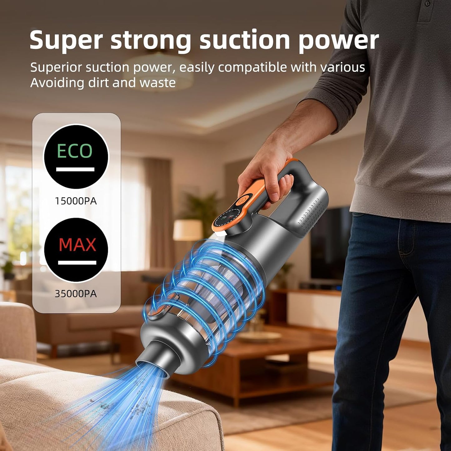 Handheld Vacuum Cleaner, 35000Pa 4-in-1 Car Vacuum Cleaner Cordless Powerful, One-touch Dust Emptying, Brushless Motor, HD Display, LED Light, Hand Held Vacuum Cordless for Home/Office/Car, Orange