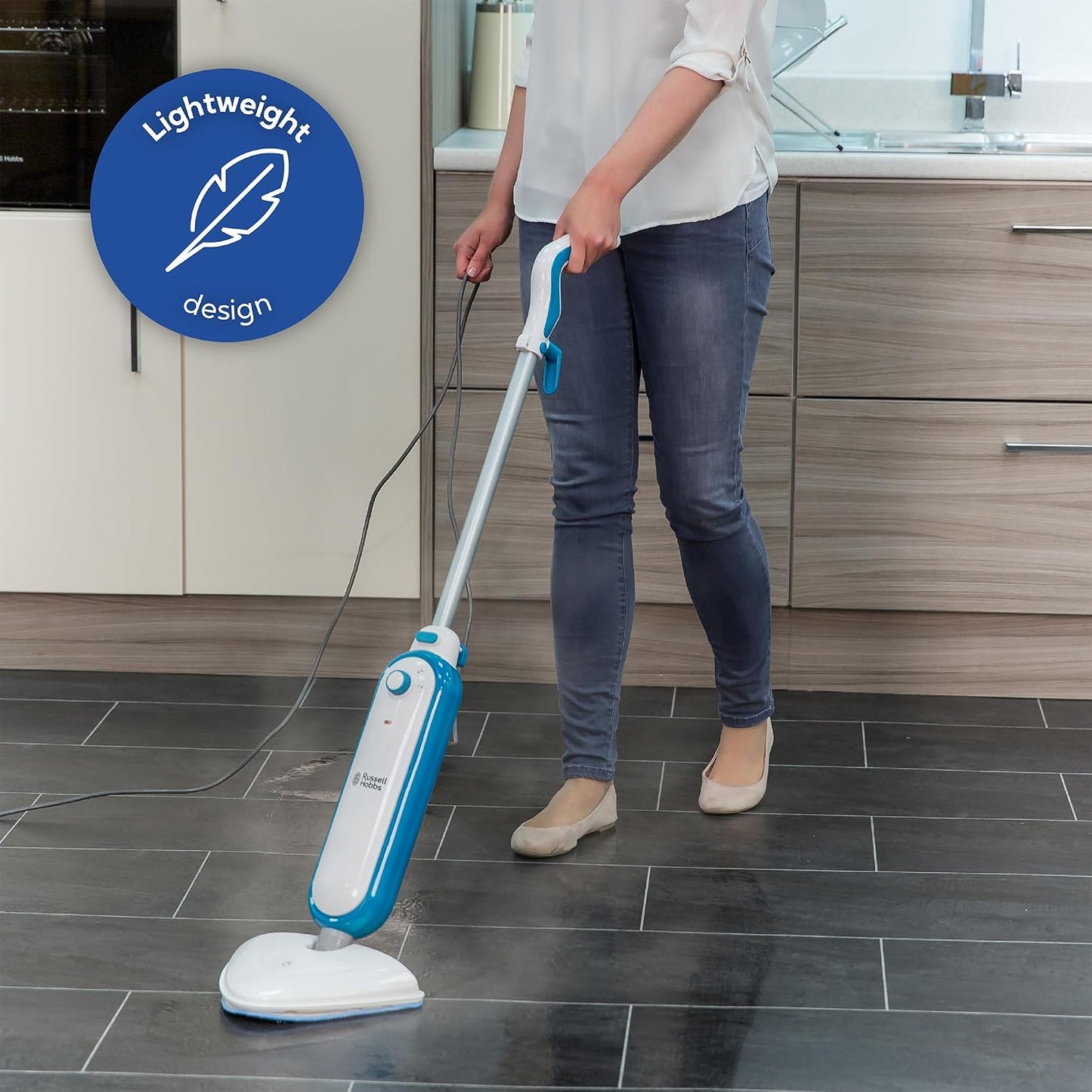 Russell Hobbs Upright Steam Mop, 1.4kW Power, 380ml Water Tank, 30-Second Heat-up, 15-Minute Run-Time, Sealed Hard Floors, Tiles, Vinyl Flooring, Carpets, Rugs in White & Aqua, RHSM1001-G