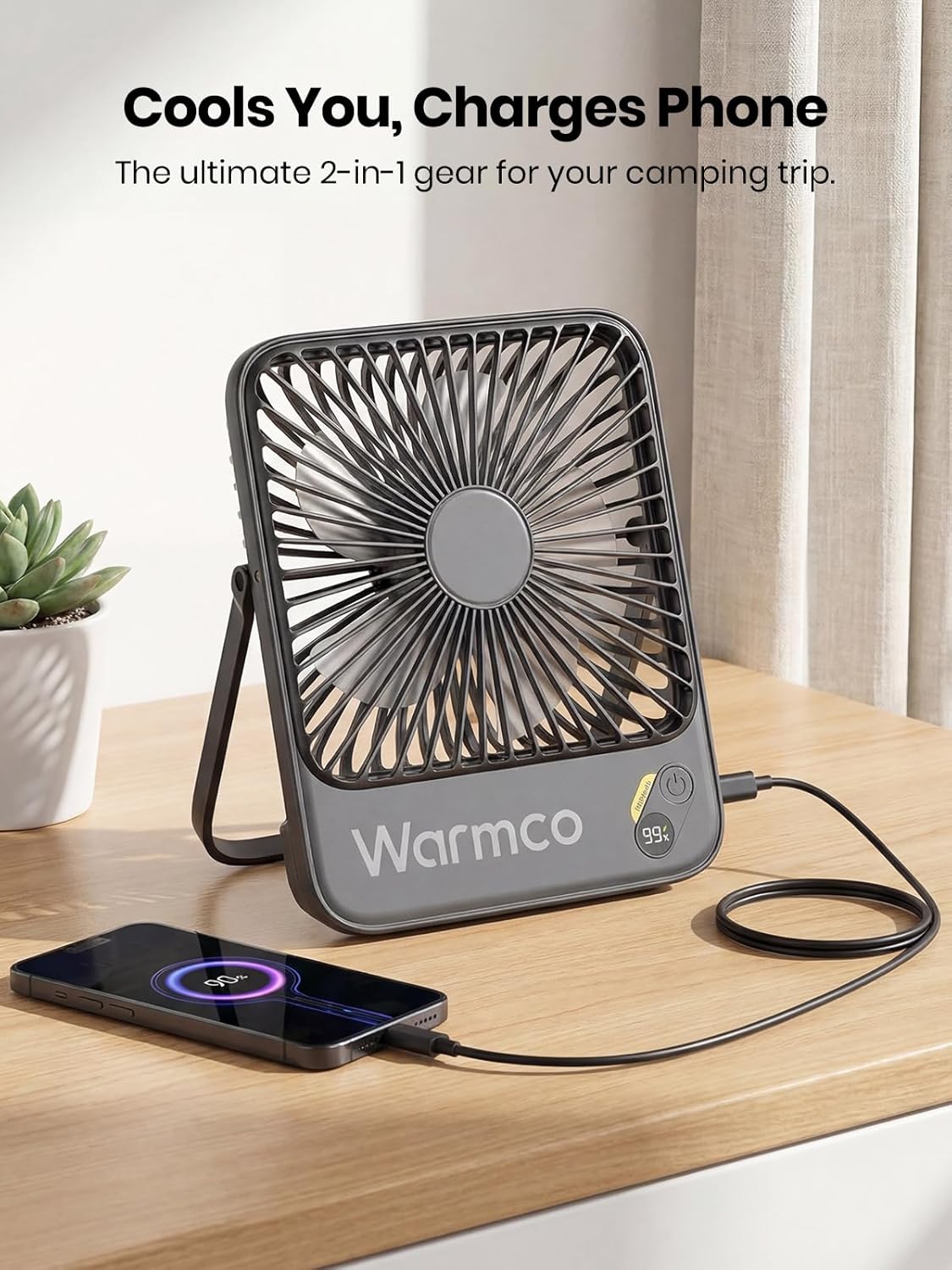 Warmco D3 Portable Rechargeable Desk Fan 10000mAh, Quiet, 24H Runtime | Ultra-Slim 4-Speed Fan, LED Display & Foldable Stand For Bedroom, Office, Camping, Cruise & Travel