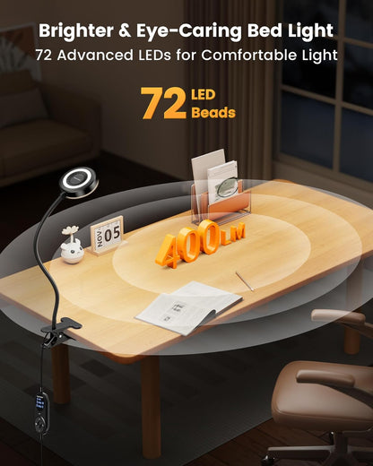 Glocusent Clip on Light, 72 LED Bedside Light with 3 Colors & 5 Brightness, Flexible with Amber Night Light, 30/60Min Timer, Eye Caring, for Bed/Reading/Studying/Working (Black with Adapter) | 5 levels, soft light for eyes, timer, flexible setting, stable