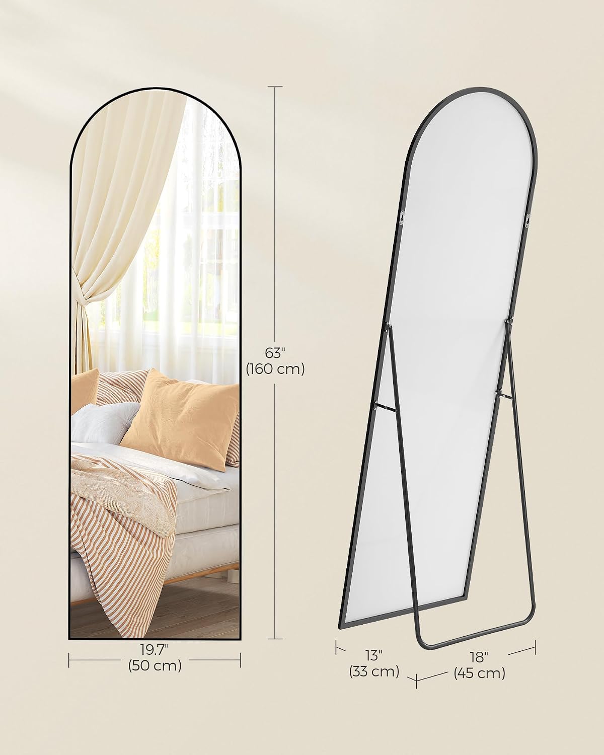 SONGMICS Full Length Mirror, 160 x 50 cm, Arched Full Body Mirror with Stand, Aluminium Alloy Frame, Tempered Glass, for Bedroom, Living Room, Cloakroom, Ink Black LFM031B01