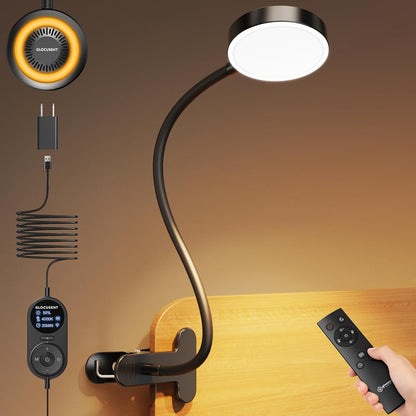 Glocusent Clip on Light, 72 LED Bedside Light with 3 Colors & 5 Brightness, Flexible with Amber Night Light, 30/60Min Timer, Eye Caring, for Bed/Reading/Studying/Working (Black with Adapter) | 5 levels, soft light for eyes, timer, flexible setting, stable