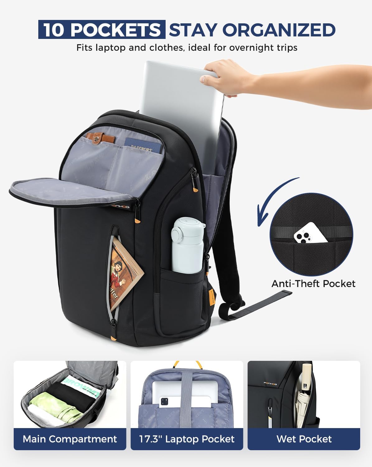 Ponhog 30L Travel Laptop Backpack – USB Charging & Anti-Theft Pocket