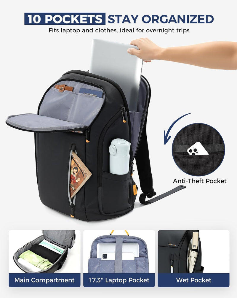Ponhog 30L Travel Laptop Backpack – USB Charging & Anti-Theft Pocket