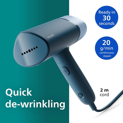 Philips 3000 Series Handheld Garment Steamer — Ready to use in seconds; Fast 20 g/min Steam; Best Travel Companion; 100 ml Tank — Blue — STH3000/26