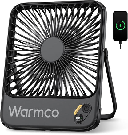 Warmco D3 Portable Rechargeable Desk Fan 10000mAh, Quiet, 24H Runtime | Ultra-Slim 4-Speed Fan, LED Display & Foldable Stand For Bedroom, Office, Camping, Cruise & Travel