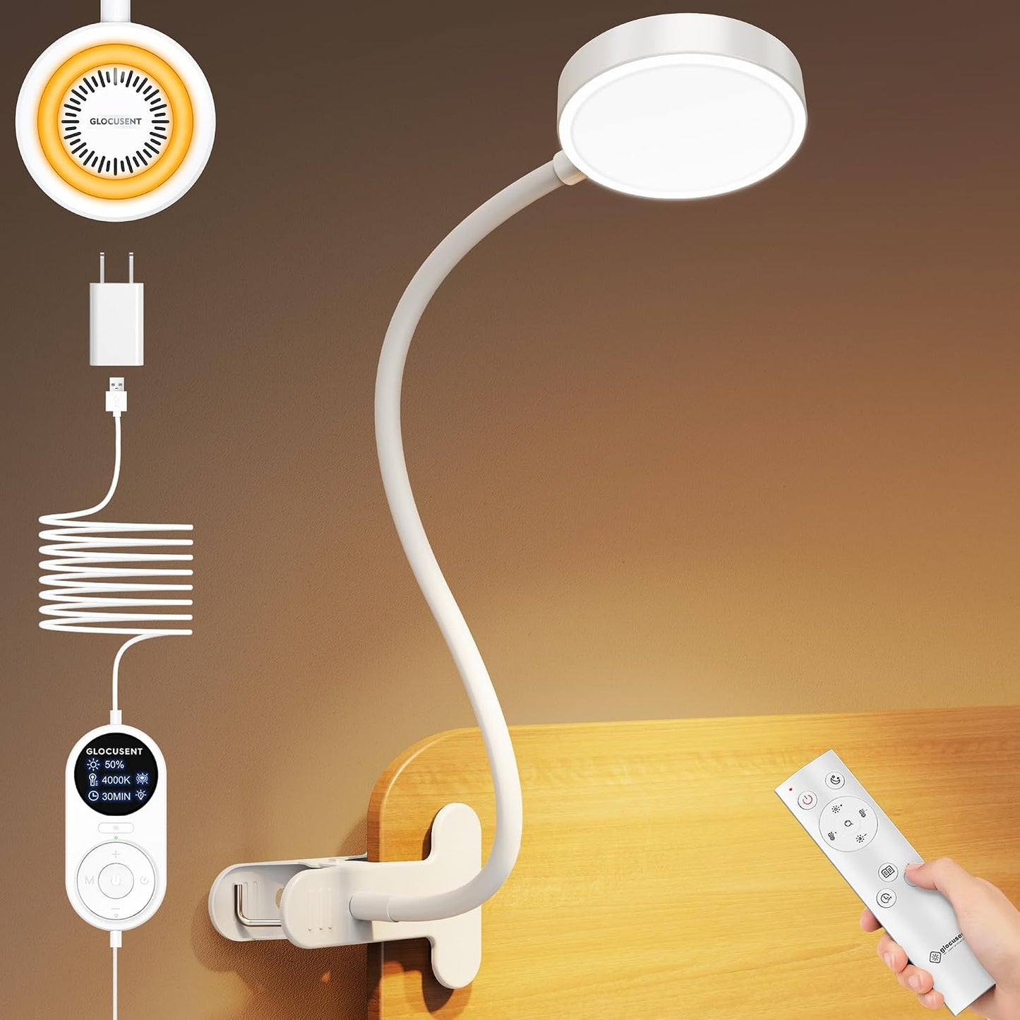 Glocusent Clip on Light, 72 LED Bedside Light with 3 Colors & 5 Brightness, Flexible with Amber Night Light, 30/60Min Timer, Eye Caring, for Bed/Reading/Studying/Working (Black with Adapter) | 5 levels, soft light for eyes, timer, flexible setting, stable