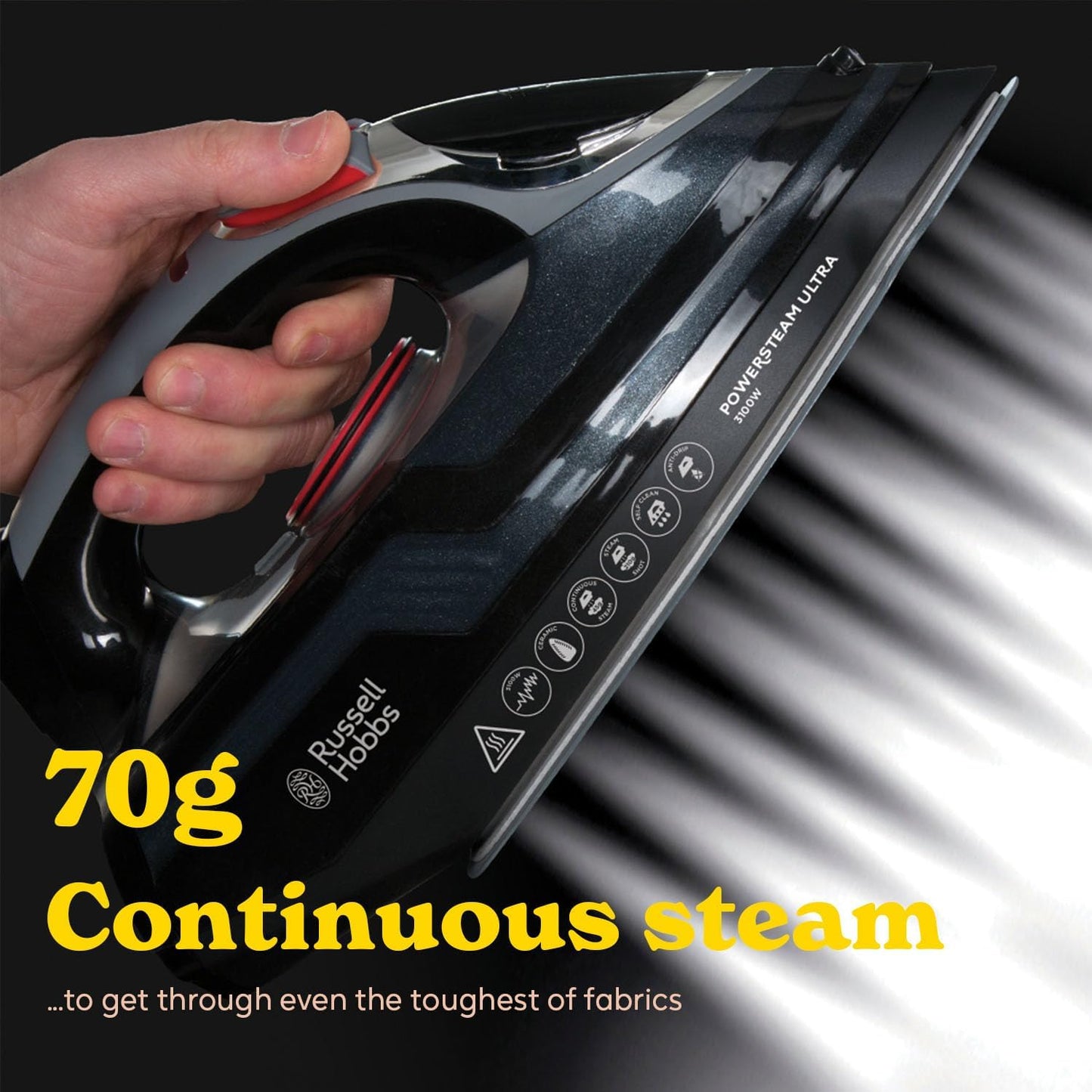 Russell Hobbs Steam Iron [3100W, 210 g/min extra steam boost, 70 g/min steam] Power Steam (350ml, ceramic soleplate, self-cleaning & spray water function, anti-limescale, drip stop) 20630