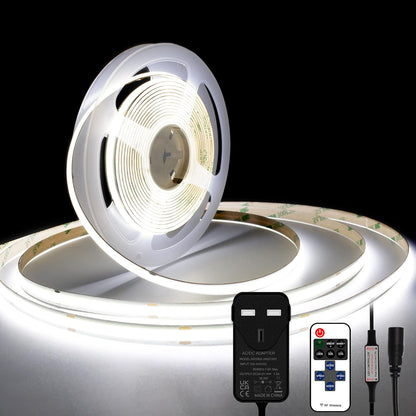 TTWAY COB LED Strip Lights 2700K, Dimmable LED Strip Kit, Super Bright 24V LED Tape Lights CRI90+ with RF Remote and UKCA Power Supply for DIY Home Decoration, 5M, 2400LEDs, Warm White.