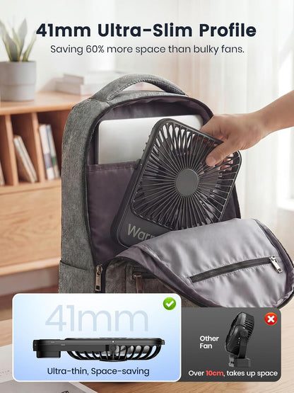Warmco D3 Portable Rechargeable Desk Fan 10000mAh, Quiet, 24H Runtime | Ultra-Slim 4-Speed Fan, LED Display & Foldable Stand For Bedroom, Office, Camping, Cruise & Travel