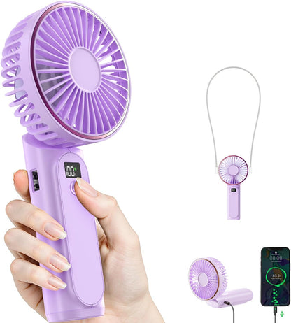 TUNISE Handheld Fan Rechargeable, Portable Fan with 4000mAh, Hand Fan with LED Display, 180° Adjustable, 6 Speed Travel Fan & Power Bank for Home Office Bedroom Outdoor