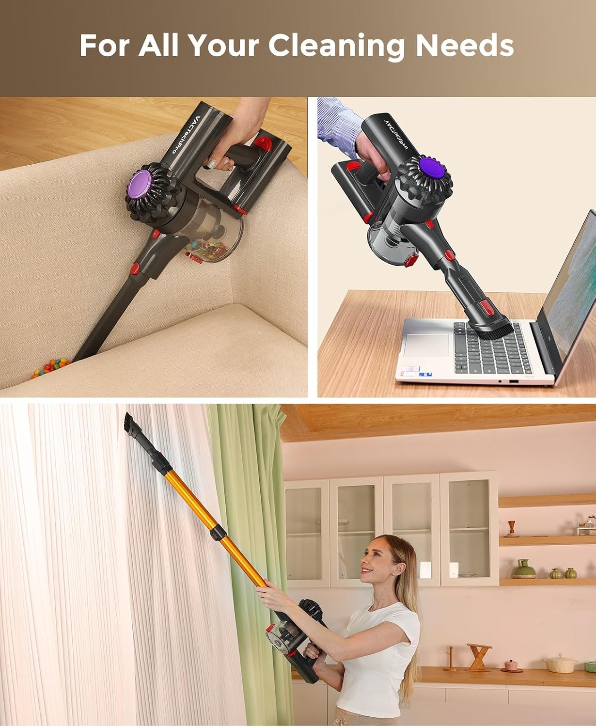 VACTechPro Cordless Vacuum Cleaner, 35KPa/45Mins Stick Vacuum, 6-in-1 Lightweight Powerful Handheld Vacuums with Detachable Battery, Anti-Tangled Upright Vacuum for Pet Hair Carpet Home Stair Car