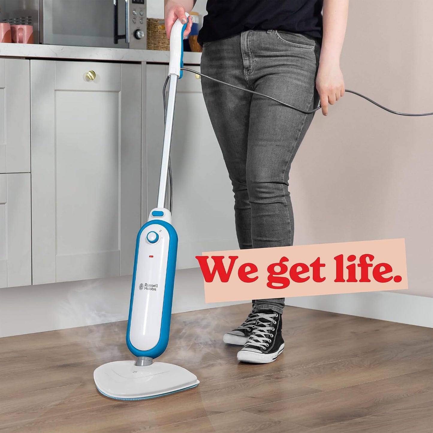 Russell Hobbs Upright Steam Mop, 1.4kW Power, 380ml Water Tank, 30-Second Heat-up, 15-Minute Run-Time, Sealed Hard Floors, Tiles, Vinyl Flooring, Carpets, Rugs in White & Aqua, RHSM1001-G