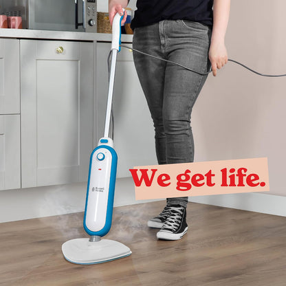 Russell Hobbs Upright Steam Mop, 1.4kW Power, 380ml Water Tank, 30-Second Heat-up, 15-Minute Run-Time, Sealed Hard Floors, Tiles, Vinyl Flooring, Carpets, Rugs in White & Aqua, RHSM1001-G