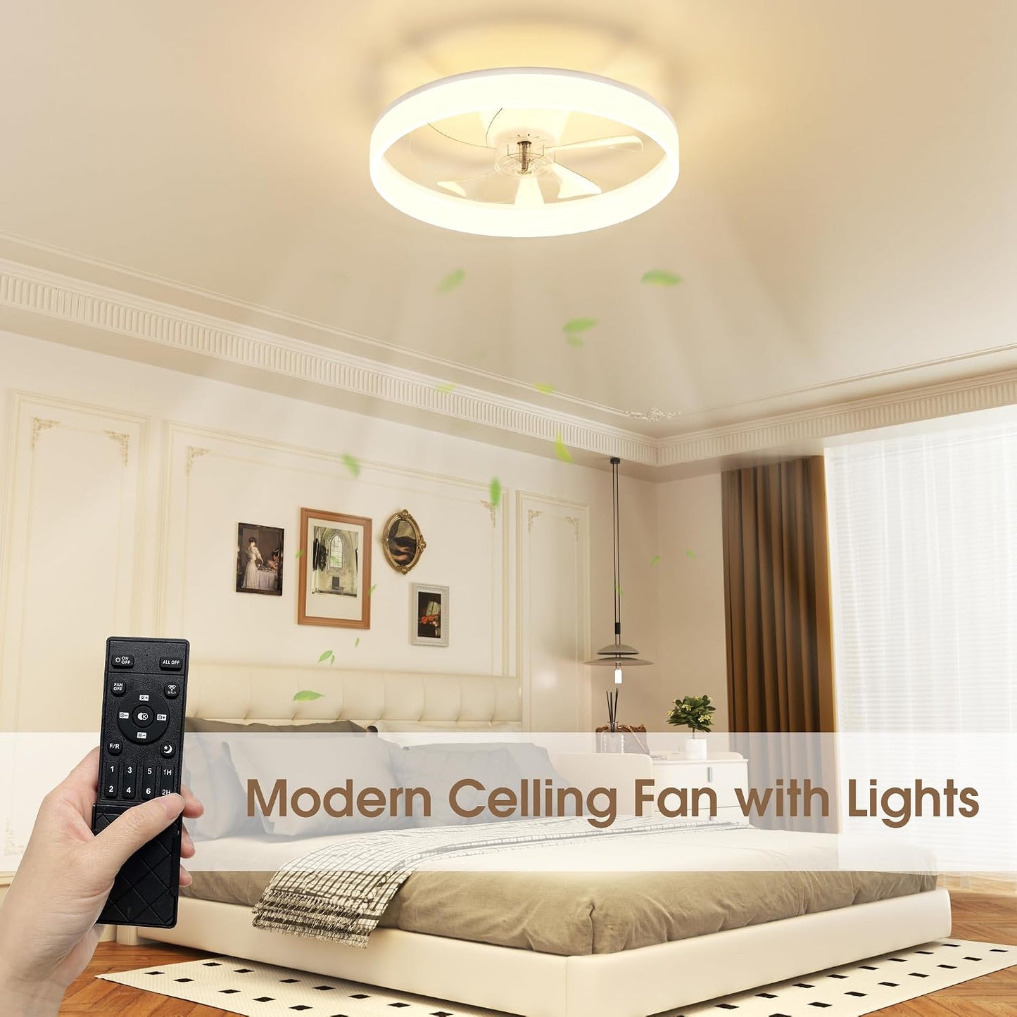 NIORSUN 50cm Ceiling Fans with Lights and Remote, 6 Speeds Modern Smart LED Ceiling Fan Light, 3000K-6500K Dimmable Quiet Fan Lights Ceiling for Bedroom Living Room Dining Room (White)
