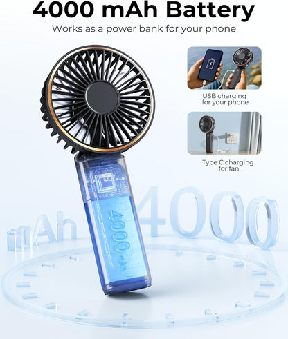 TUNISE Handheld Fan Rechargeable, Portable Fan with 4000mAh, Hand Fan with LED Display, 180° Adjustable, 6 Speed Travel Fan & Power Bank for Home Office Bedroom Outdoor