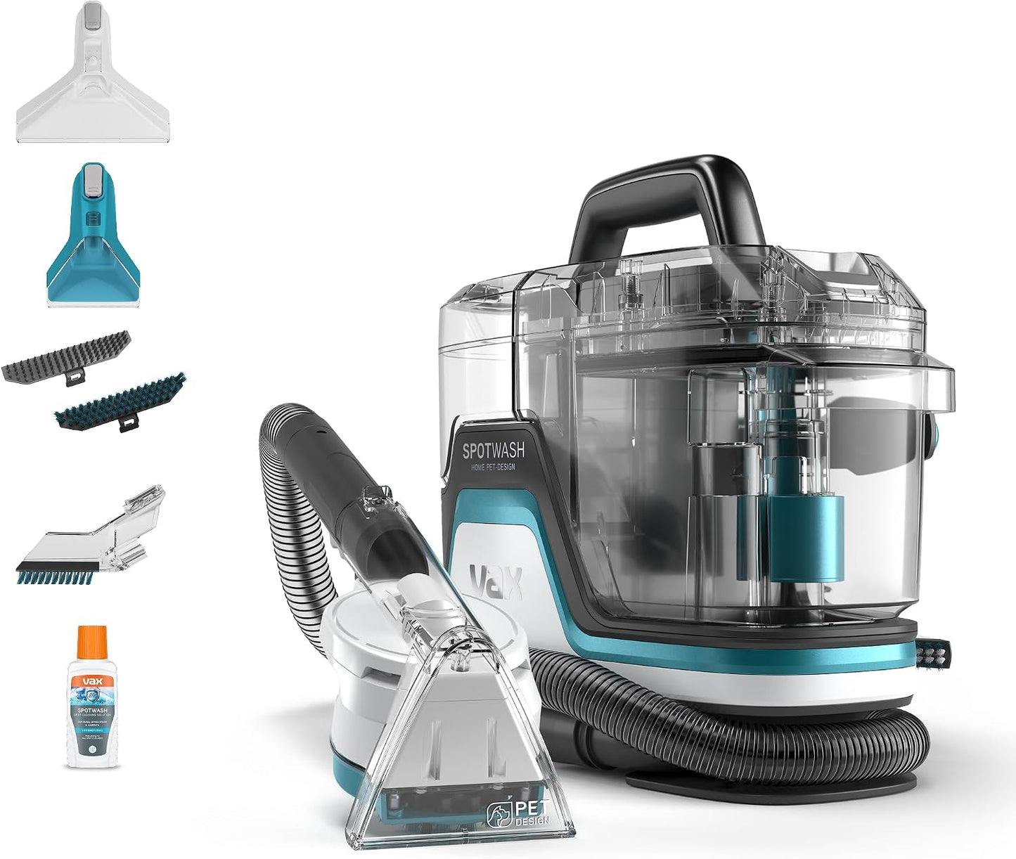 Vax SpotWash Home and Pet Spot Cleaner, Upholstery, Sofa, Stairs, Home, Car, Rug, Stain Cleaning Small Handheld Shampooer Machine, Additional Solution, SpinScrub and Tools, 4.5kg, Grey/Cyan, CDSW-MPDP