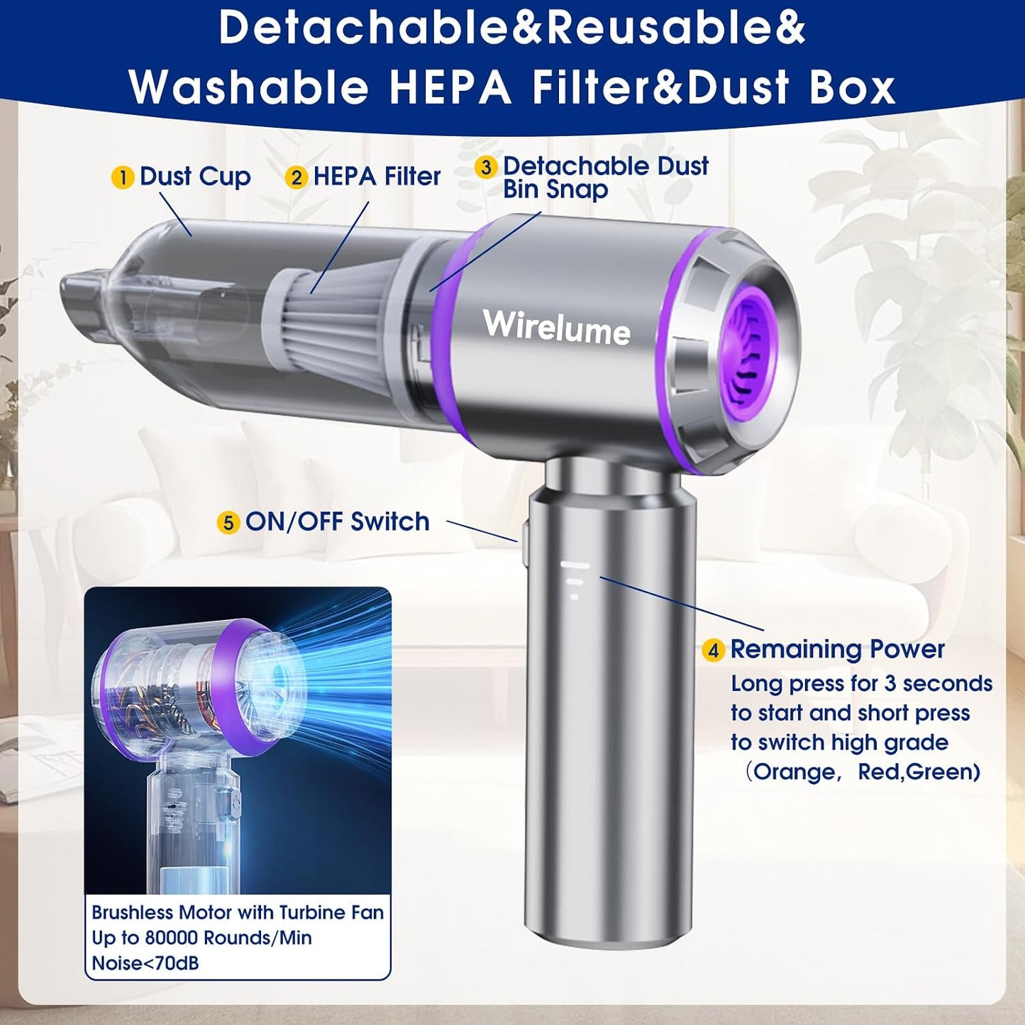 Handheld Car Vacuum Cleaner Cordless Powerful 22000Pa Strong Cyclonic Suction Blowing Brushless Motor Portable Rechargable Lightweight for Pet Hair Vehicle Home Office Purple