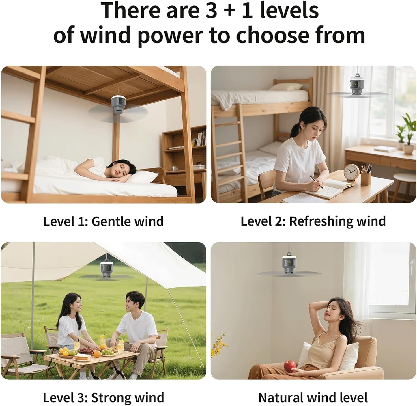 VVU&CCO Rechargeable Portable Ceiling Fan with Light, 12000mAh Battery Operated Use Time Up to 16H,4 Speeds Adjustment, 2/4/8H Timer,Camping Ceiling Fan for Tent Patio Canopy Porch RV