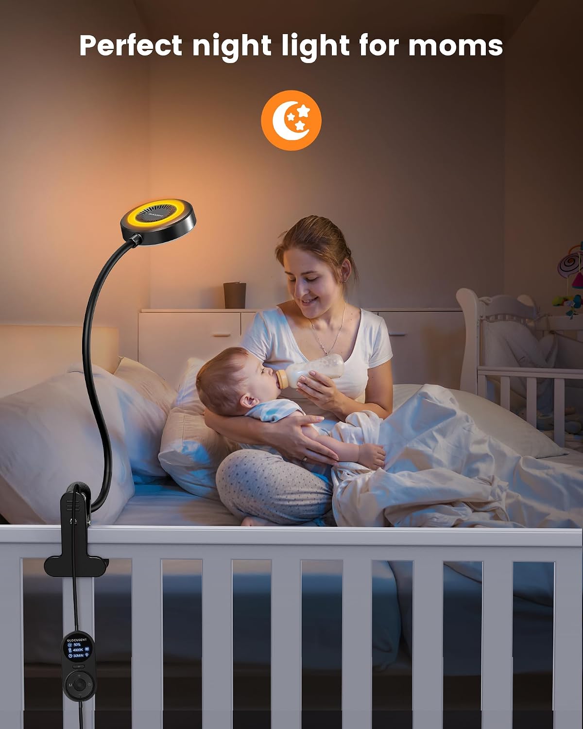 Glocusent Clip on Light, 72 LED Bedside Light with 3 Colors & 5 Brightness, Flexible with Amber Night Light, 30/60Min Timer, Eye Caring, for Bed/Reading/Studying/Working (Black with Adapter) | 5 levels, soft light for eyes, timer, flexible setting, stable