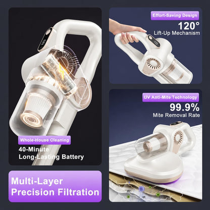 Cordless Vacuum Cleaner 15000pa, 4-in-1 Upright Handheld Stick Vacuum & Mattress Vacuum Cleaner with UV Light, Portable Lightweight Hoover Vacuum, Rechargeable Hoover Cordless for Home Car