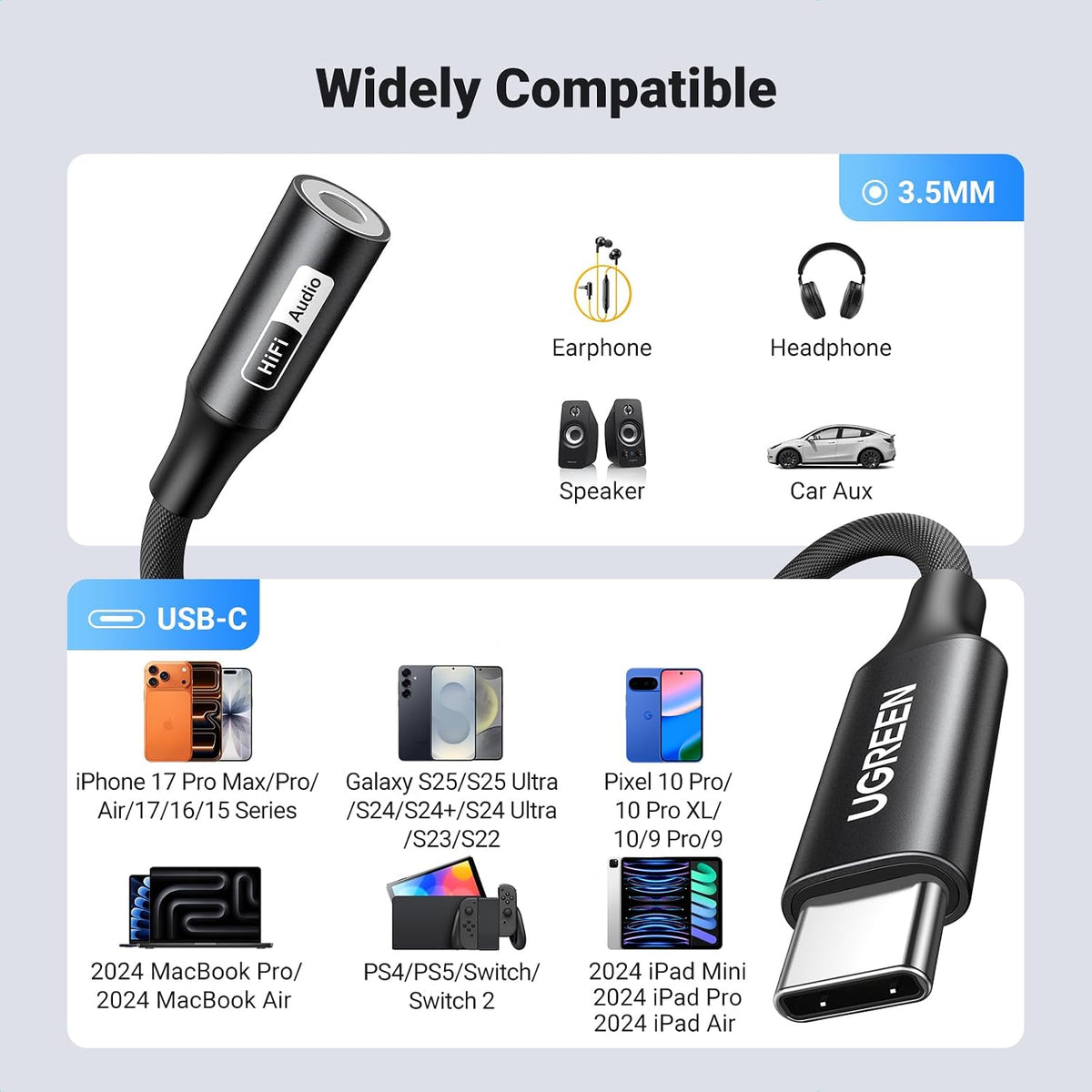 UGREEN USB-C to 3.5mm Headphone Adapter – Hi-Res DAC