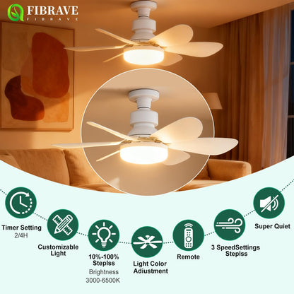 Ceiling Fan Light, FIBRAVE E27 Fan Lights with Remote Control, Stepless Dimmable 30W 1800 Lumens 3000-6500K 3-Color 3-Speed, Small Ceiling Fan with Light for Bedroom, Kitchen, Bathroom (White)