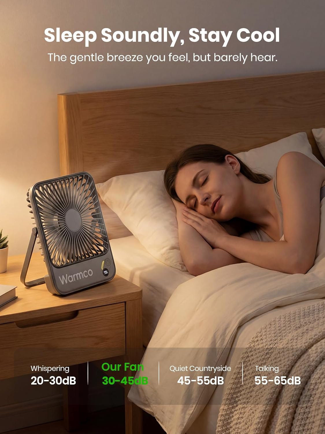 Warmco D3 Portable Rechargeable Desk Fan 10000mAh, Quiet, 24H Runtime | Ultra-Slim 4-Speed Fan, LED Display & Foldable Stand For Bedroom, Office, Camping, Cruise & Travel