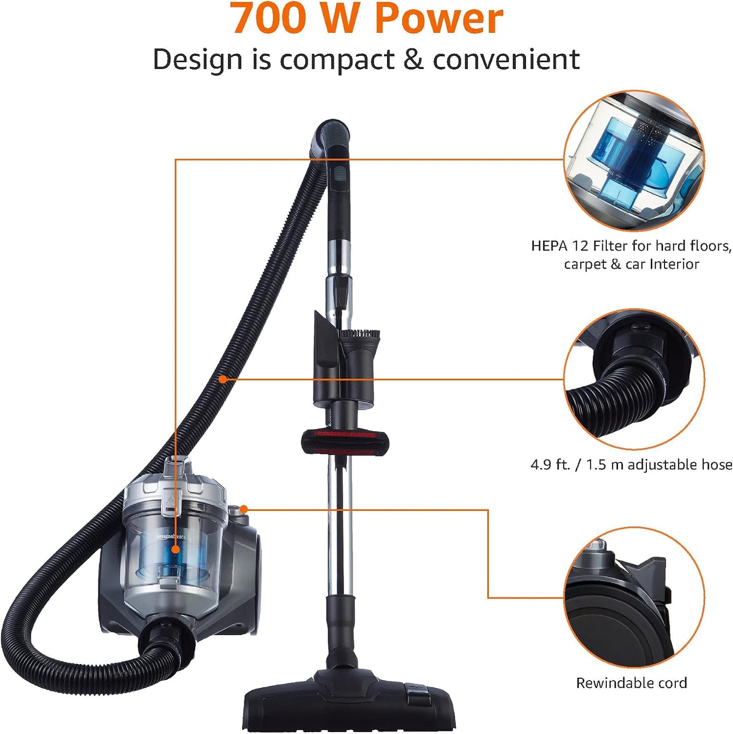 Amazon Basics Cylinder Bagless Vacuum Cleaner for Hardfloor, Carpet & Car, Compact & Lightweight, 700W, 1.5L, Black